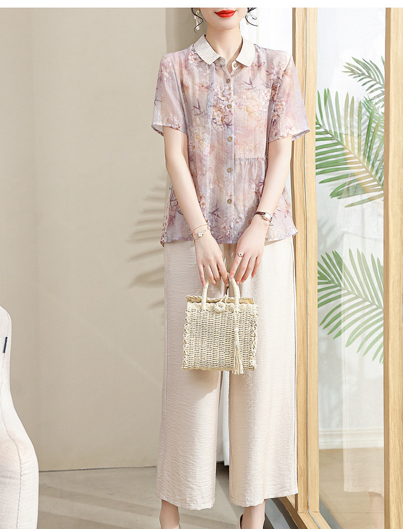 中年妈妈夏装棉麻套装洋气2024新款中老年女夏季短袖衬衫上衣薄款详情48