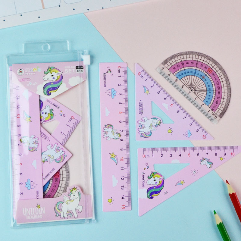 Ruler set, Unicorn cartoon student ruler set, 15cm straight ruler, set of set, protractor, 4-piece custom ruler pic 16