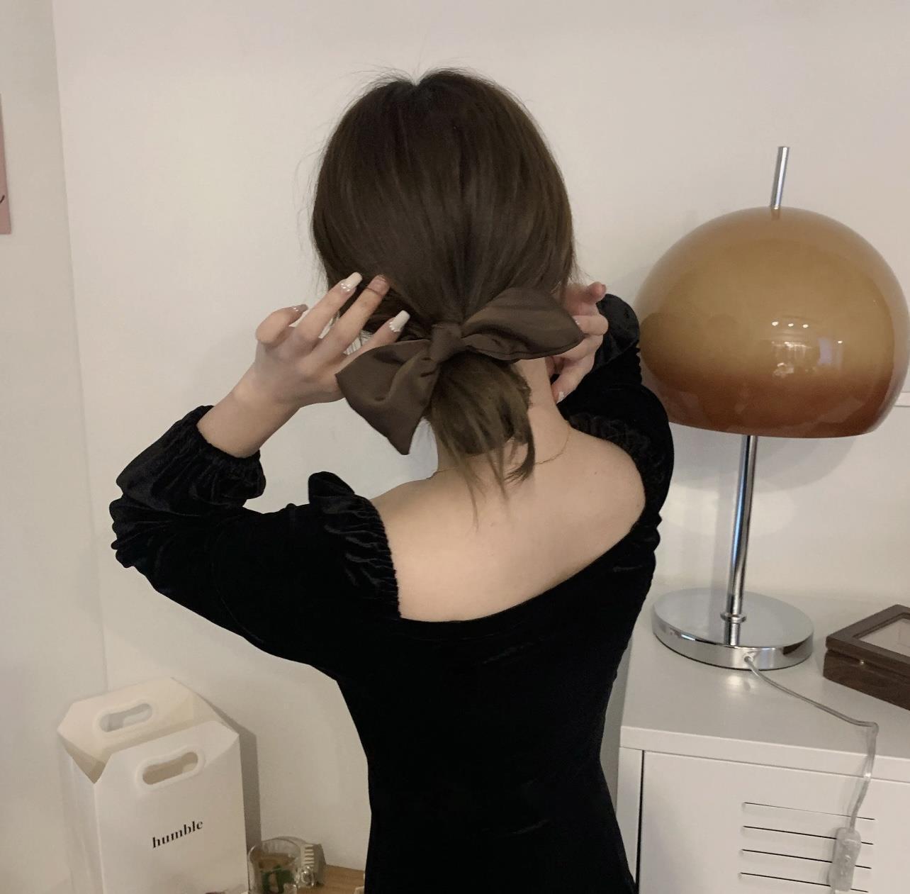 Black bow headpiece, satin large intestine ring, hair band at the back of the head, high-elasticity hair tie, ribbon hair accessory, female summer pic 9