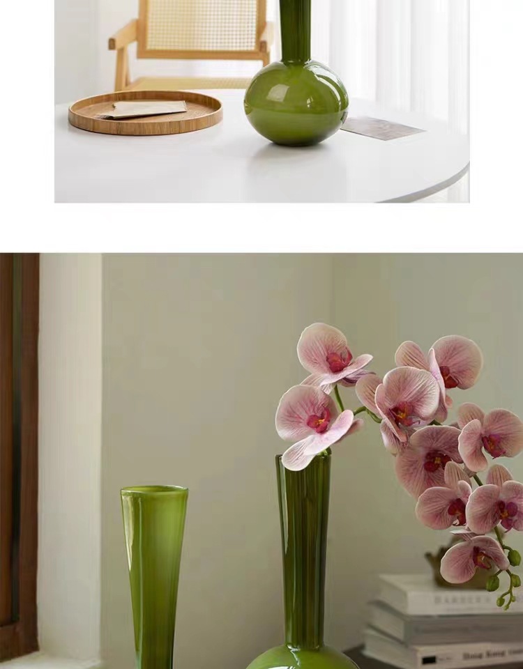 French vintage high-end glazed vase, olive green handcrafted niche art Phalaenopsis vase, living room decoration pic 6