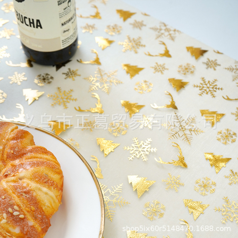 新款现代简约时尚创意大方高级感圣诞桌旗欧根纱烫金色雪花鹿头节日餐桌装饰材料桌布桌旗详情5