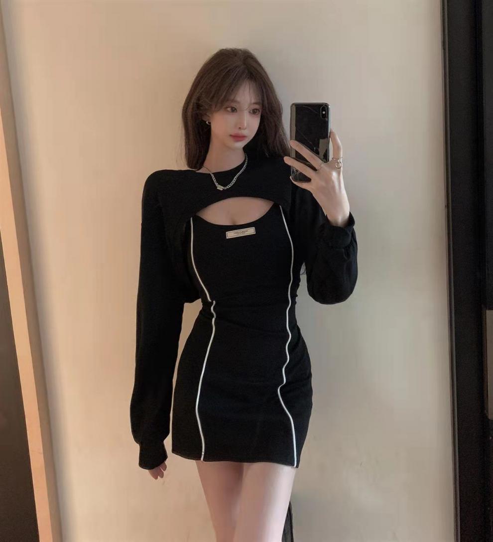 德绒吊带连衣裙女性感纯欲气质包臀短裙秋季新款打底裙子两件套装详情17