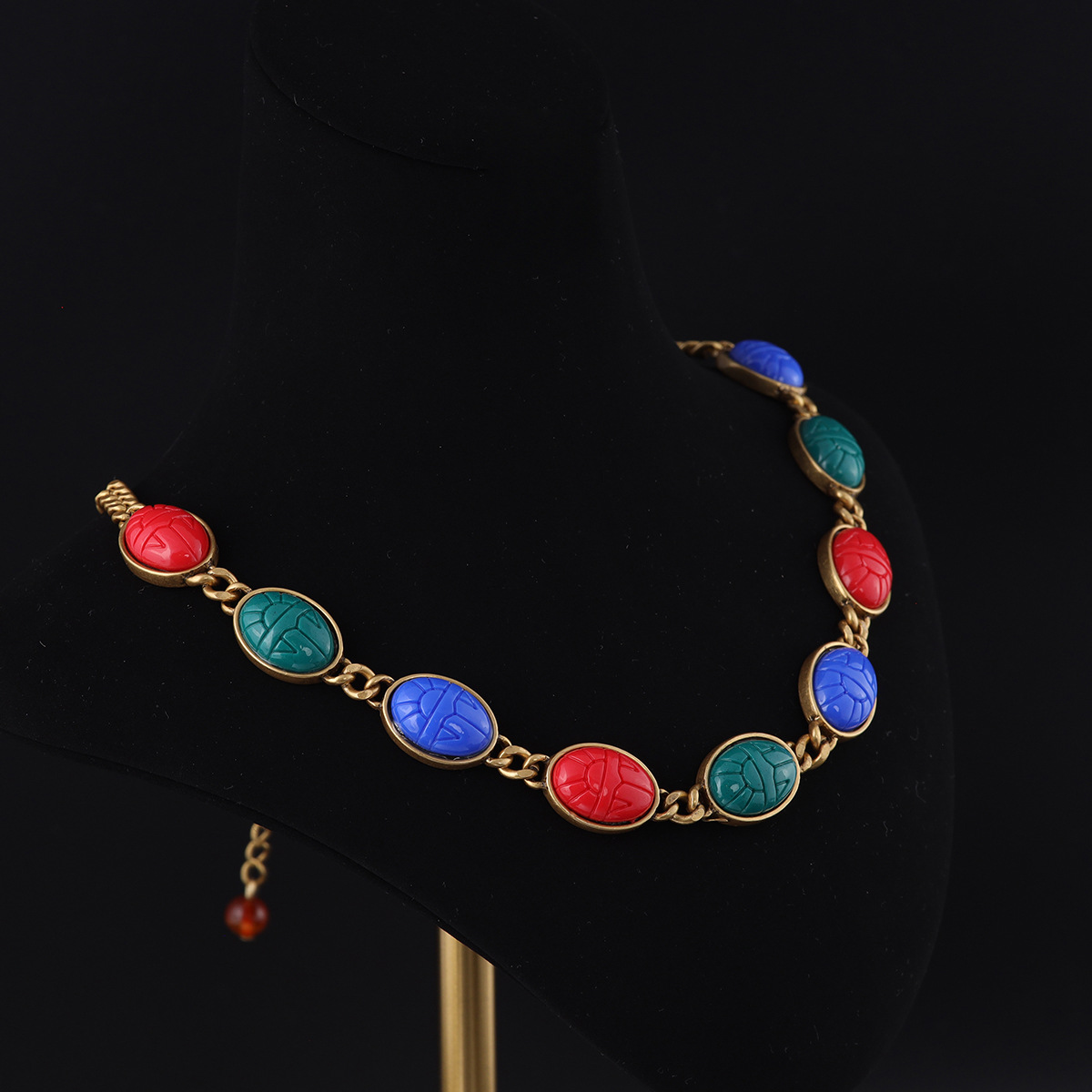 中古vintage高级感时尚小众设计青岛工厂批发三色花纹石项链女款详情3