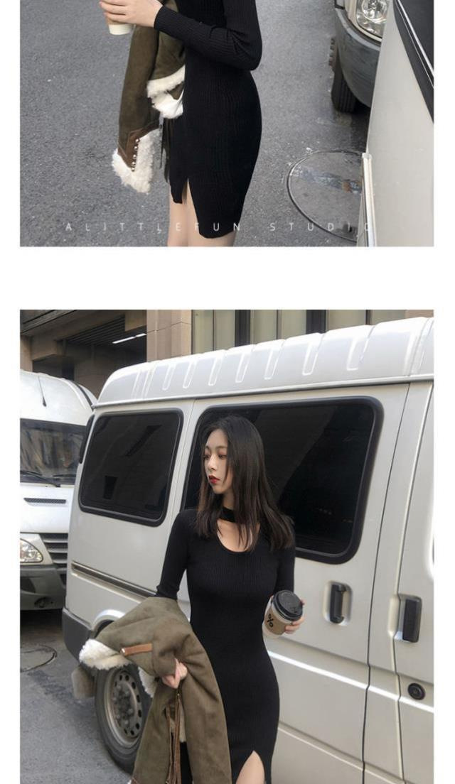法式纯欲风性感开叉黑色针织连衣裙女秋冬设计感小众辣妹穿搭裙子详情2