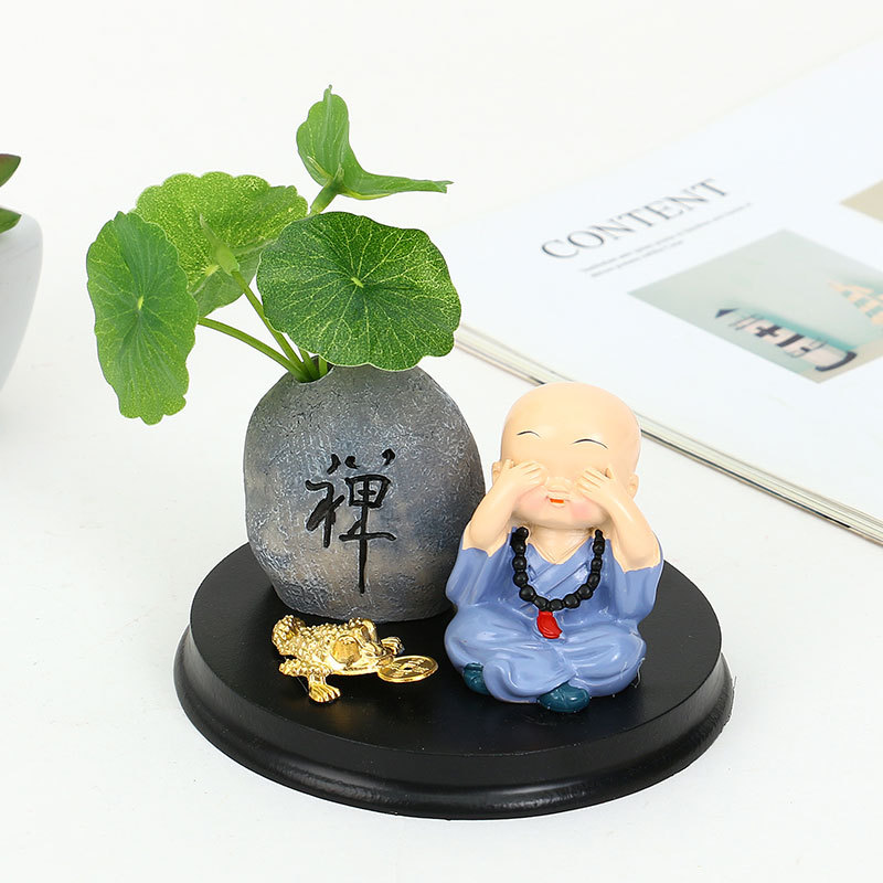 汽车小摆件禅意古风荷叶仿真绿植铜钱草佛珠小和尚车载中控台装饰详情3