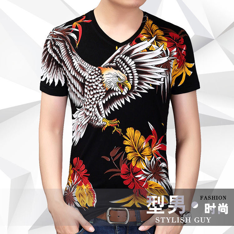 港风春夏季潮流中国风短袖t恤男青年打底衫高街时尚印花上衣服男详情5