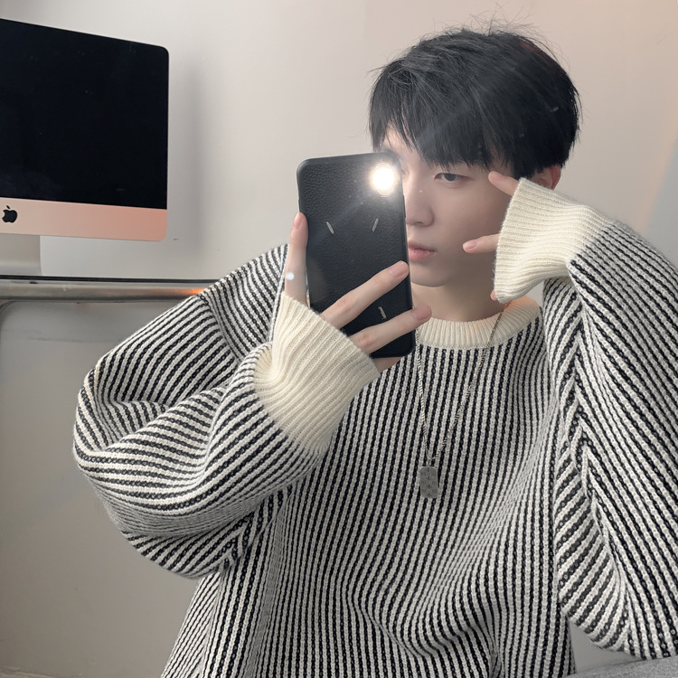 圆领条纹毛衣男款秋冬新款时尚套头针织衫日系复古宽松百搭上衣服详情23
