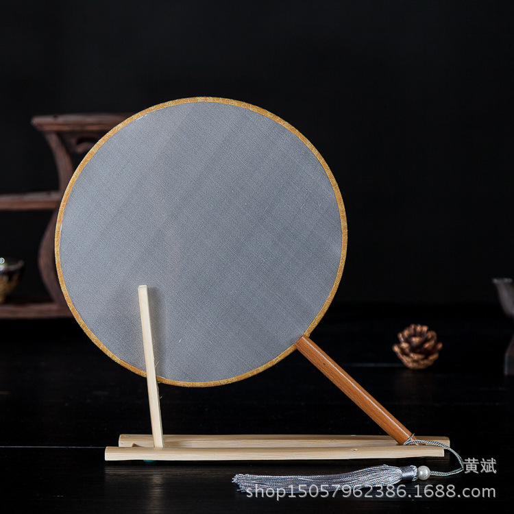 黑檀柄真丝空白宫扇团扇圆形书写绘画涂鸦DIY白色扇子可刺绣贴花详情8