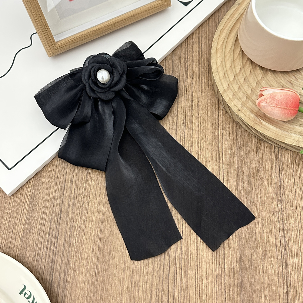 法式雪纺珍珠山茶花蝴蝶结发夹 珠光缎面甜美仙气弹簧夹不伤发头饰 手腕花装饰精致女士礼物详情9