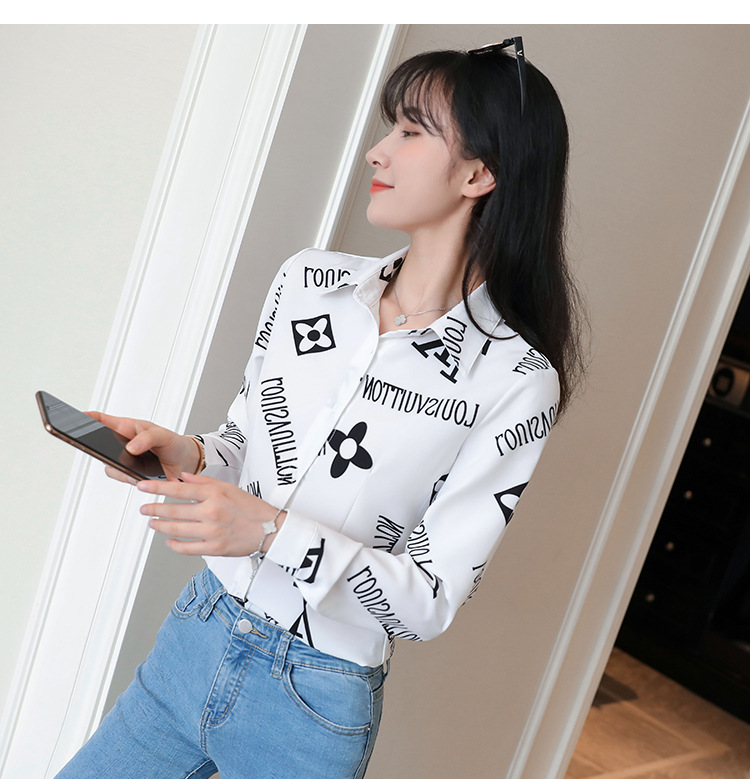 New spring and autumn Korean-style slim-fit shirt for women, long-sleeved printed striped trendy base layer, Hong Kong-style top for women pic 36