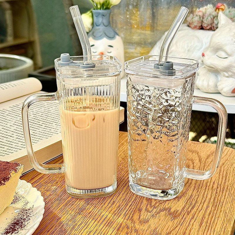 透明带把手玻璃水杯 高颜值夏季果汁杯条纹带盖吸管杯子方玻璃杯详情16
