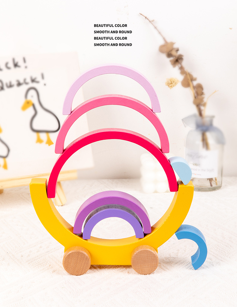 CPCCE儿童益智木制叠叠乐木质彩虹彩色积木拼搭趣味推车互动玩具详情6