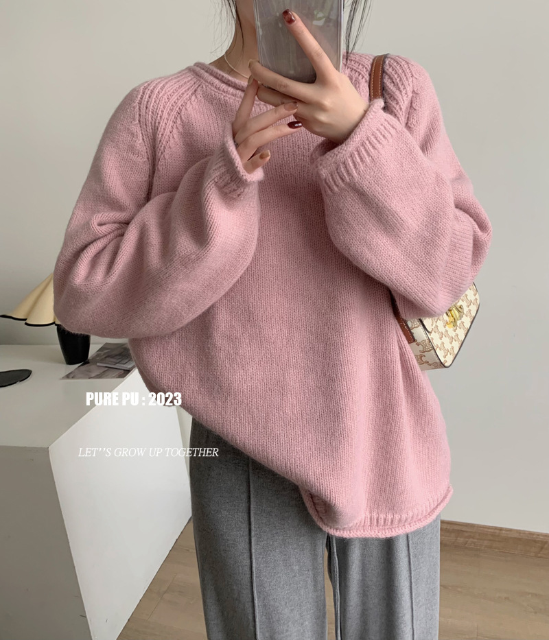 Korean-style puffed solid color pullover sweater for women, gentle and loose knitted top, versatile, laid-back style, fashionable and soft sweater pic 7