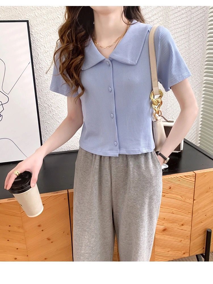 冰丝短袖上衣女2024春夏季新款韩版洋气小清新翻领百搭短款T恤开详情6