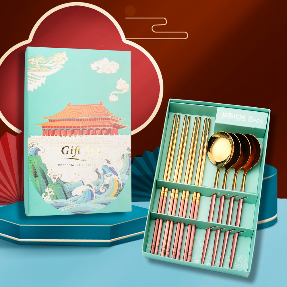 A Korean-style tableware set of 304 stainless steel soup spoons and chopsticks, a creative gift tableware set of Chinese-style serving spoons and chopsticks pic 13