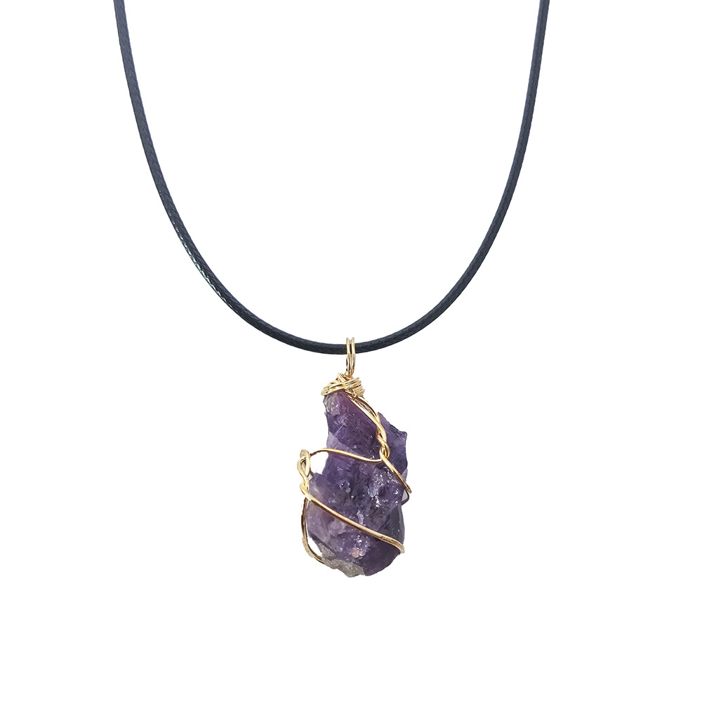 Cross-border winding jewelry: Yellow crystal raw stone winding pendant, pink amethyst fluorite, Dongling jade irregular stone necklace pic 13