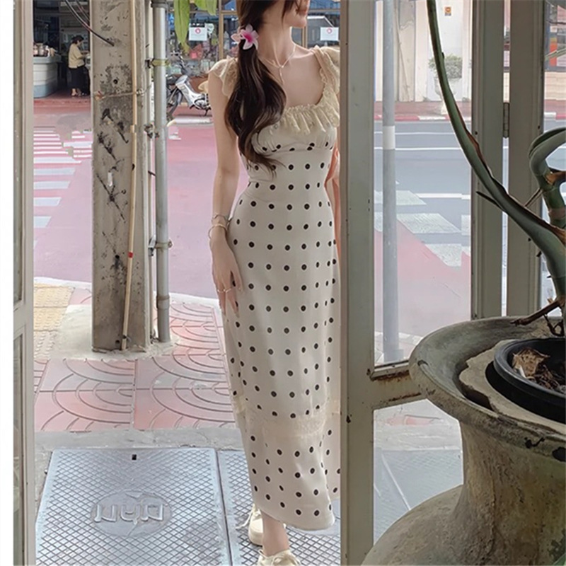 2024 New summer printed square-neck ruffled, slim and sexy polka dot lace backless long dress for women pic 7