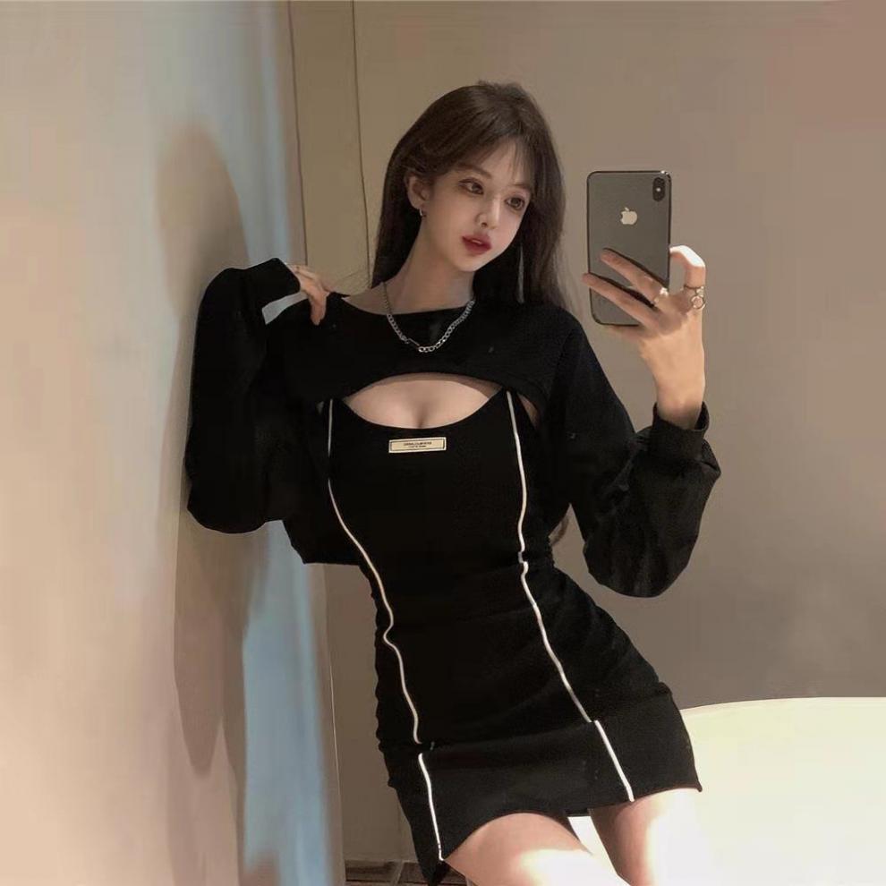 德绒吊带连衣裙女性感纯欲气质包臀短裙秋季新款打底裙子两件套装详情5