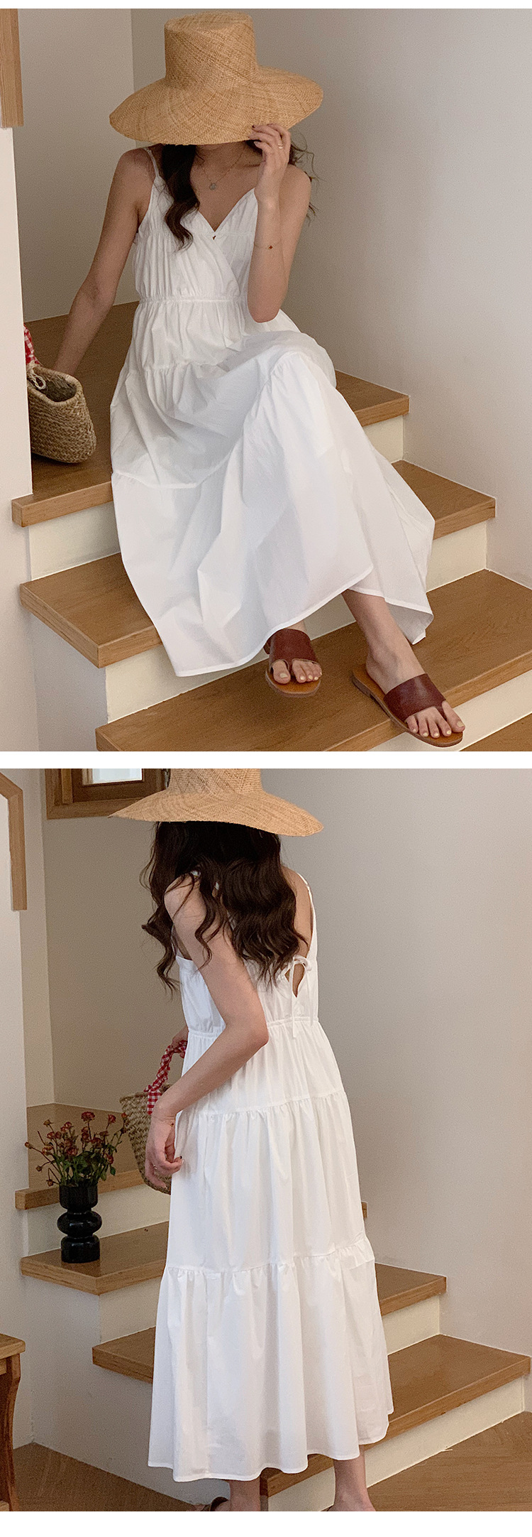 [本初]浪漫度假风V领白色吊带连衣裙女夏季新款宽松显瘦沙滩长裙详情10
