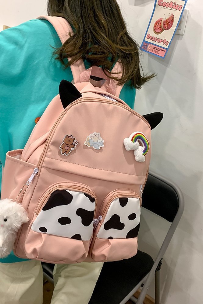 Japanese-style ins campus school style, fresh and cute, cute cow with earbuds, soft girl schoolbag, funny student backpack pic 77