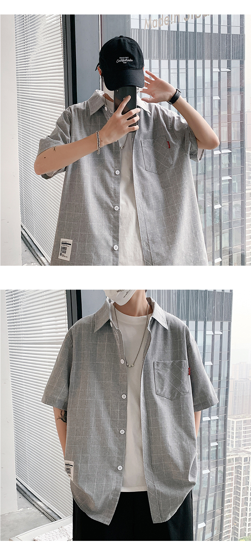 G51（港风）格子衬衫男短袖夏季男士休闲潮流帅气衬衣详情3