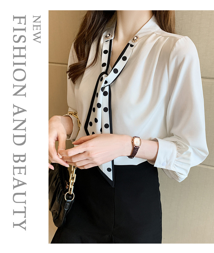 衬衫女2024秋季新款时尚气质韩版V领波点蝴蝶结系带减龄长袖上衣详情28