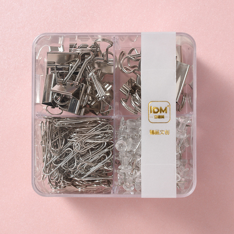 Cross-border supply of rose gold electroplated transparent thumbtacks, large and small long-tail clips, paperclip four-compartment boxes, creative office sets pic 10