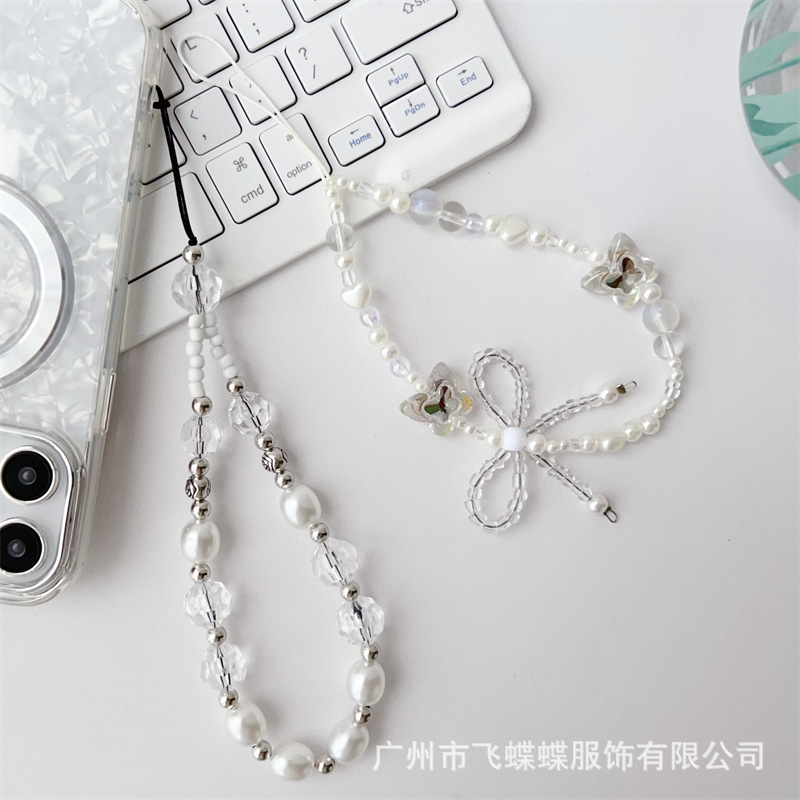 新款仙女风手机挂绳亚克力珍珠串珠蝴蝶结配饰甜美短款链防丢防摔详情6