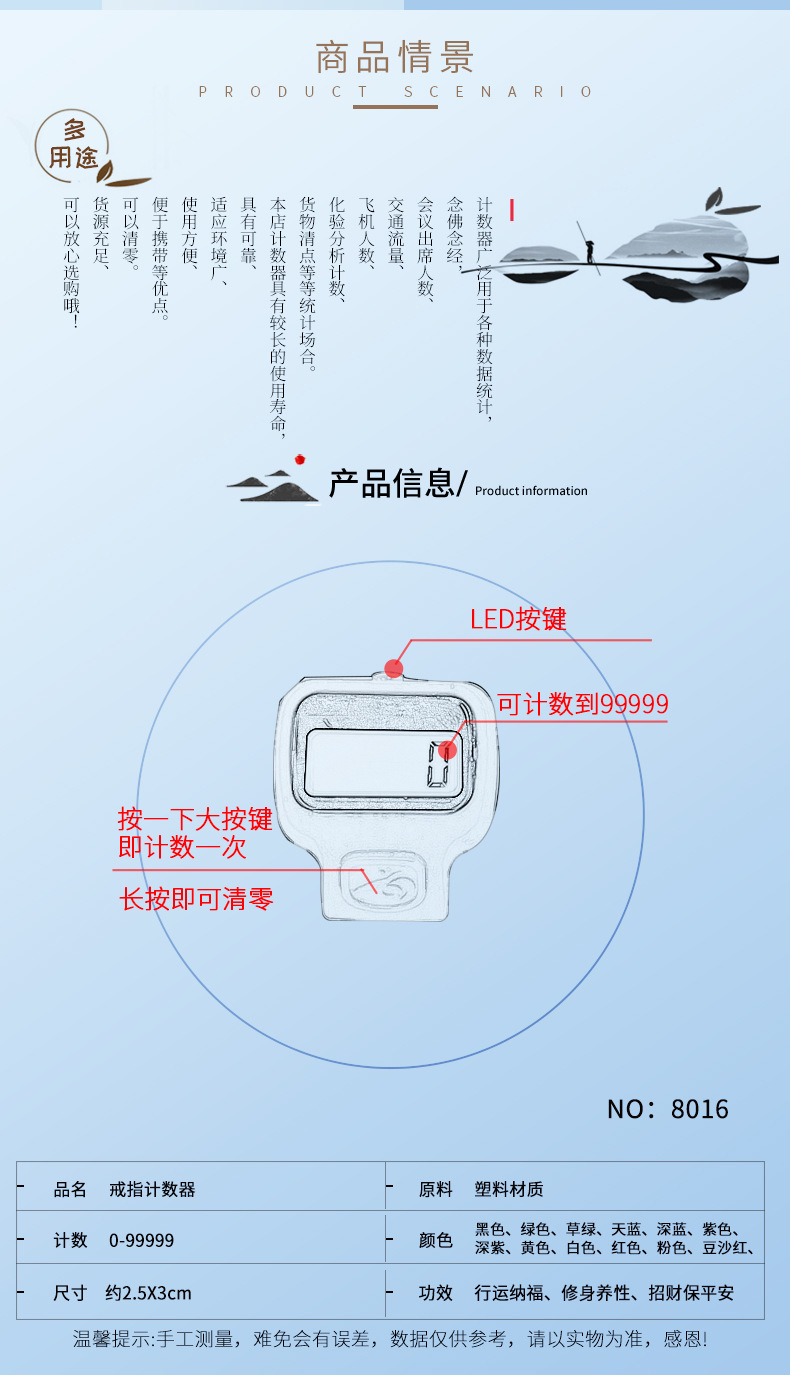 The electronic digital display ring-type LED counter, mini pedestrian counting and pedometer, ring-type portable counter is small, convenient and practical pic 2