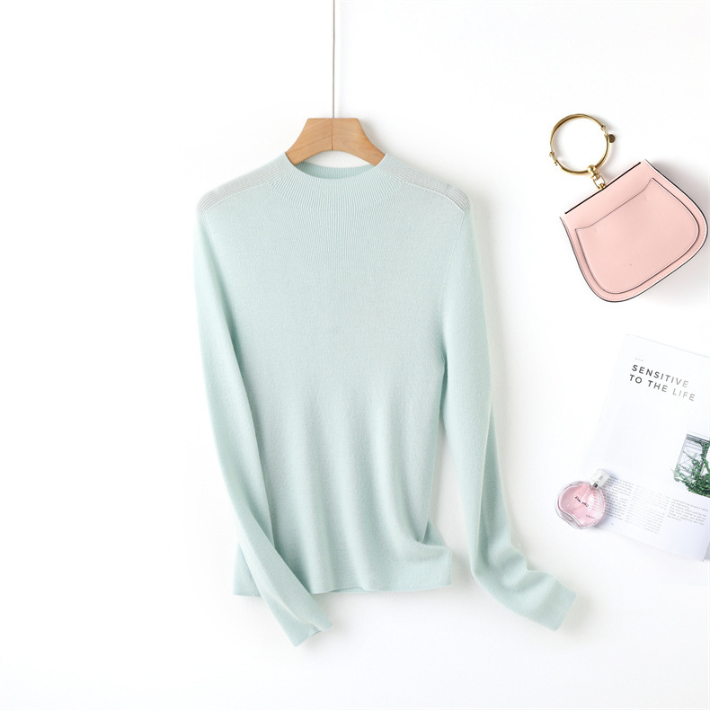 Fine-spun, machine-washable wool 100 knitted sweater design, semi-high collar, slimming, solid color autumn new wool sweater top pic 11