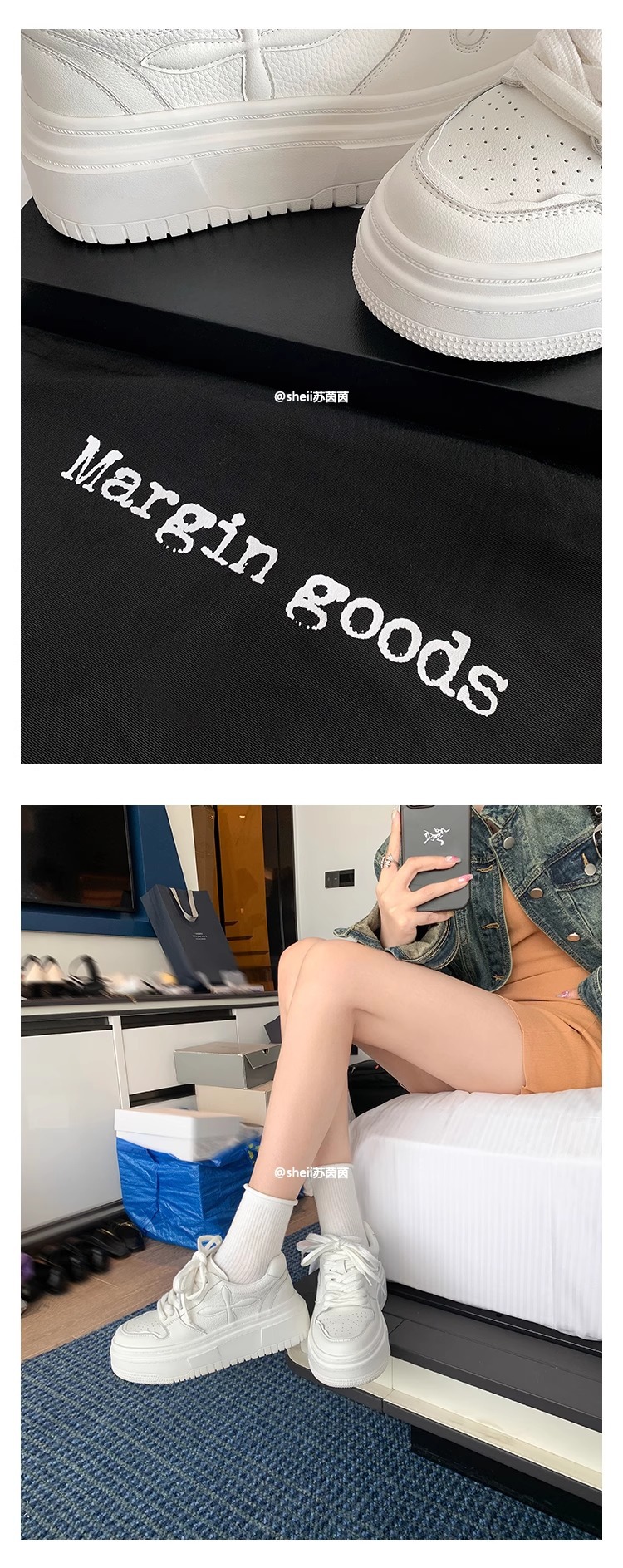 【 Cowhide 】 White sneakers for women, genuine leather chanel-style thick soles that increase height by 8cm. Versatile shoes for spring and summer, bread shoes pic 10