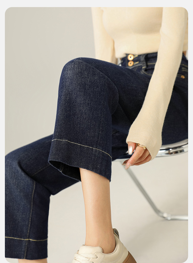 Anti-fading stretch denim natural-color jeans for women in autumn with a button-down design, high-waisted, petite straight-leg 9-inch pants pic 11