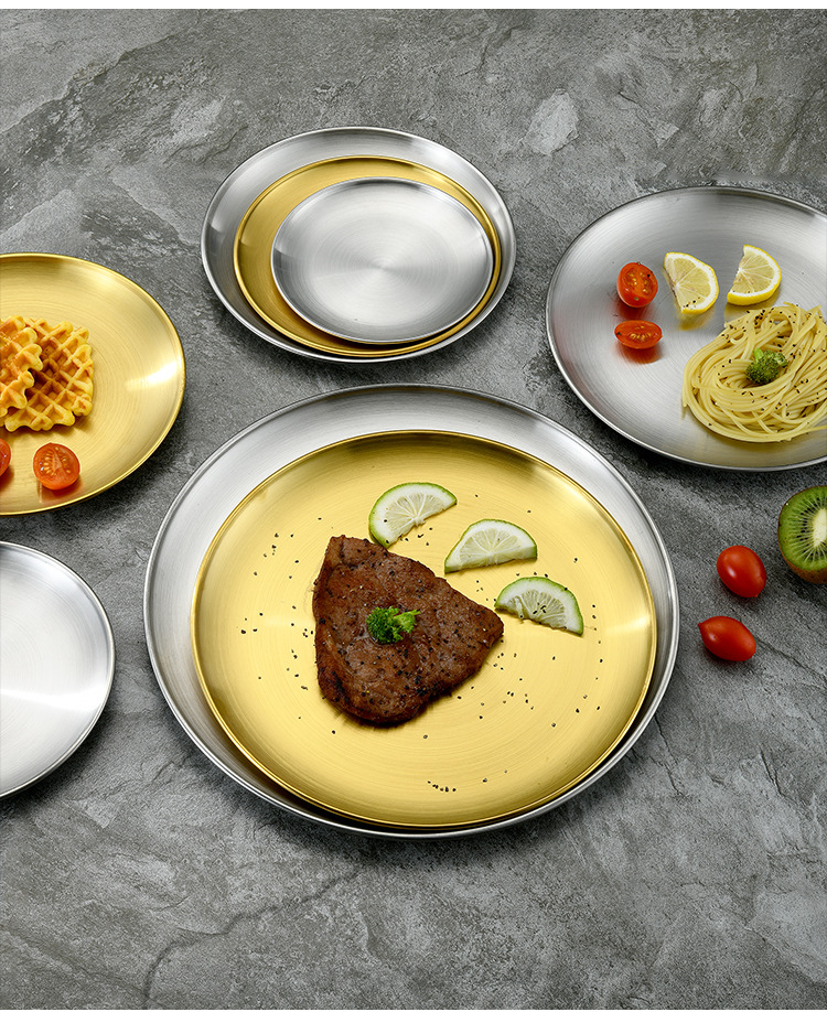 Stainless steel plate, Western-style desserts, cakes, fruits, flat bottom, Korean-style display, golden single-layer barbecue round plate pic 17