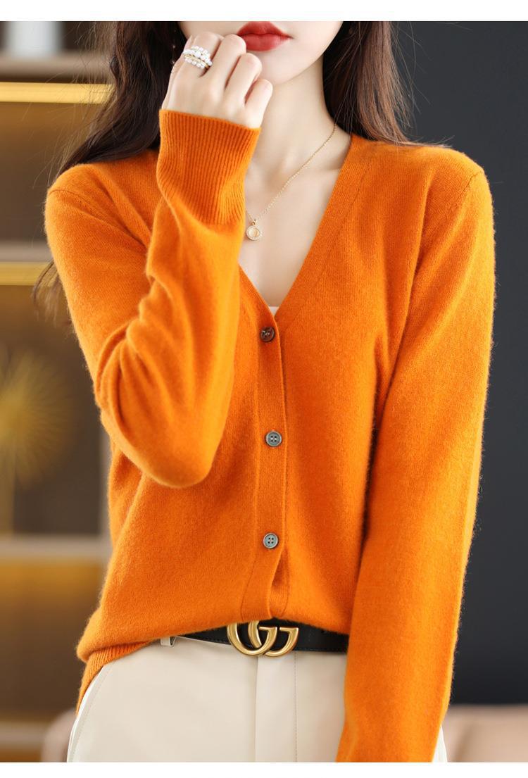 New Spring and autumn knitted cardigan for women, V-neck loose short solid color long-sleeved versatile sweater coat made of wool blend pic 39
