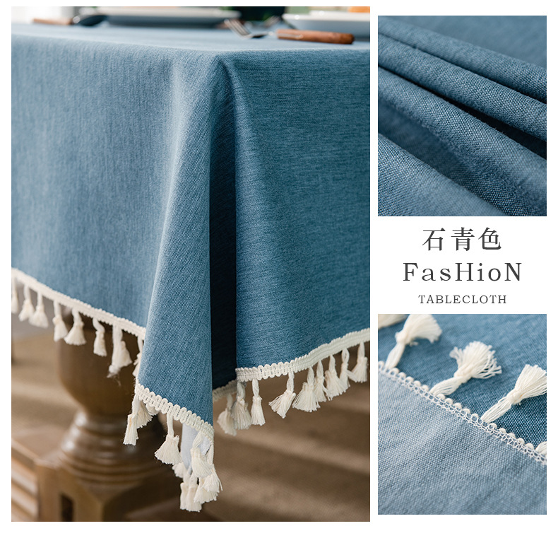 亚马逊棉麻桌布防水防油免洗纯色餐布艺餐厅茶几长方形流苏台布详情10