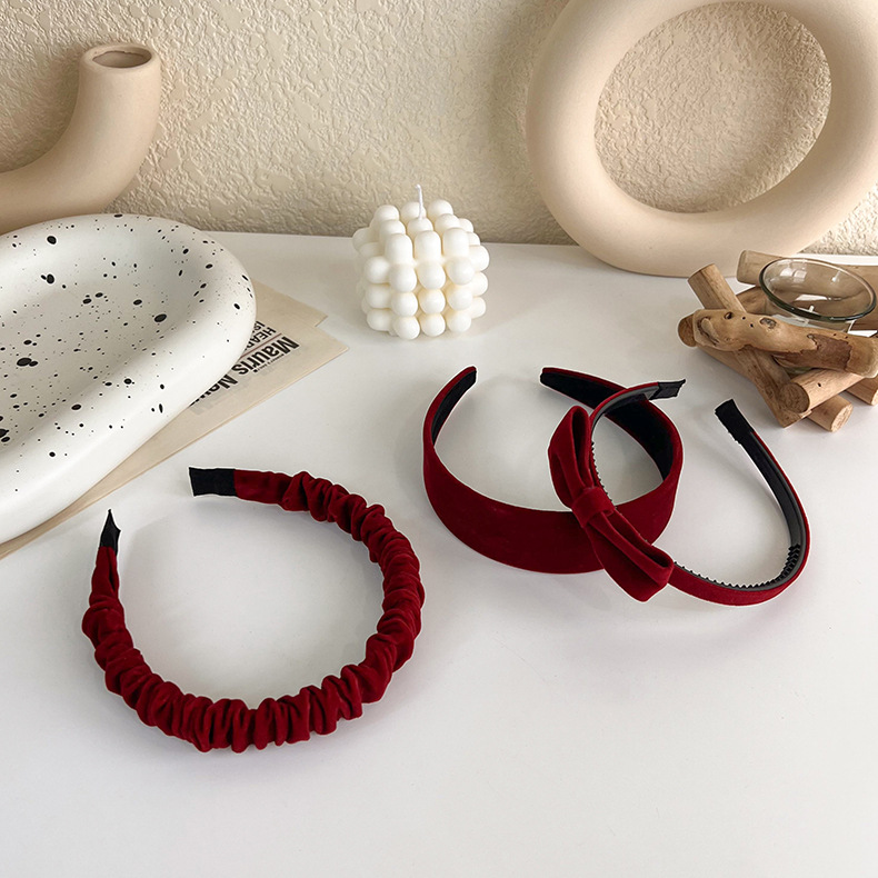 Retro velvet hairband, Japanese-style wine red bow hairpin, elegant wide-brimmed headpiece, top clip, red girlish hair accessory pic 7