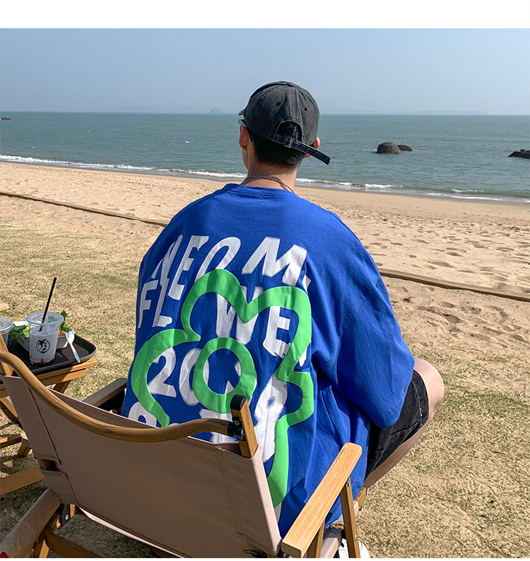 潮牌男装直播货源 190g克新疆棉宽松韩版T恤发泡印花朵袖短男t详情6