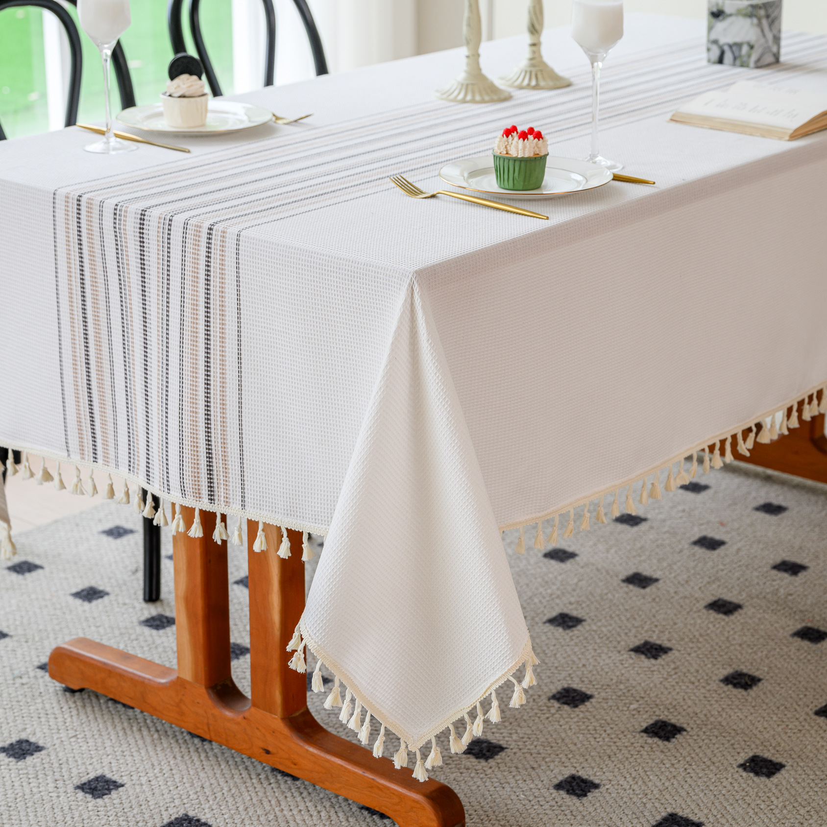Wholesale of American-style country solid-color household rectangular table fabric, soft and breathable waffle striped coffee table cover fabric pic 19