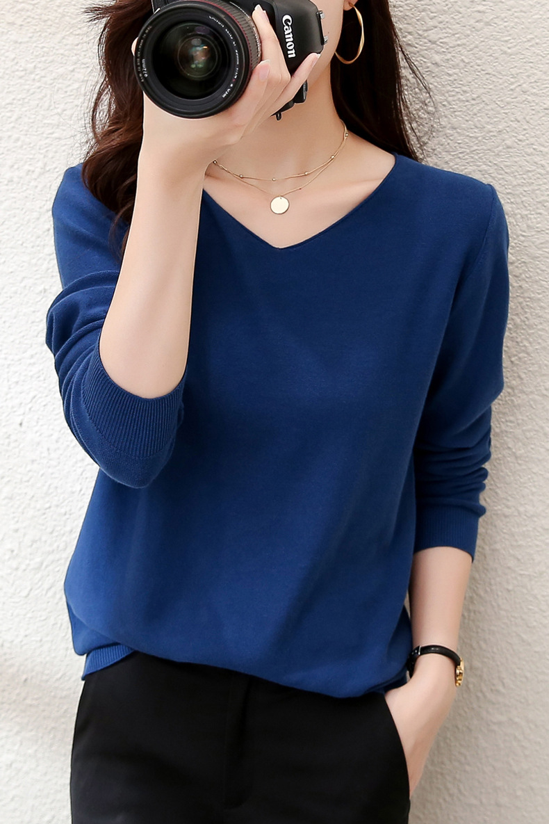 2023秋季女装全纯色棉麻针织T恤女V领长袖文艺大码外贸厂家批代发详情16