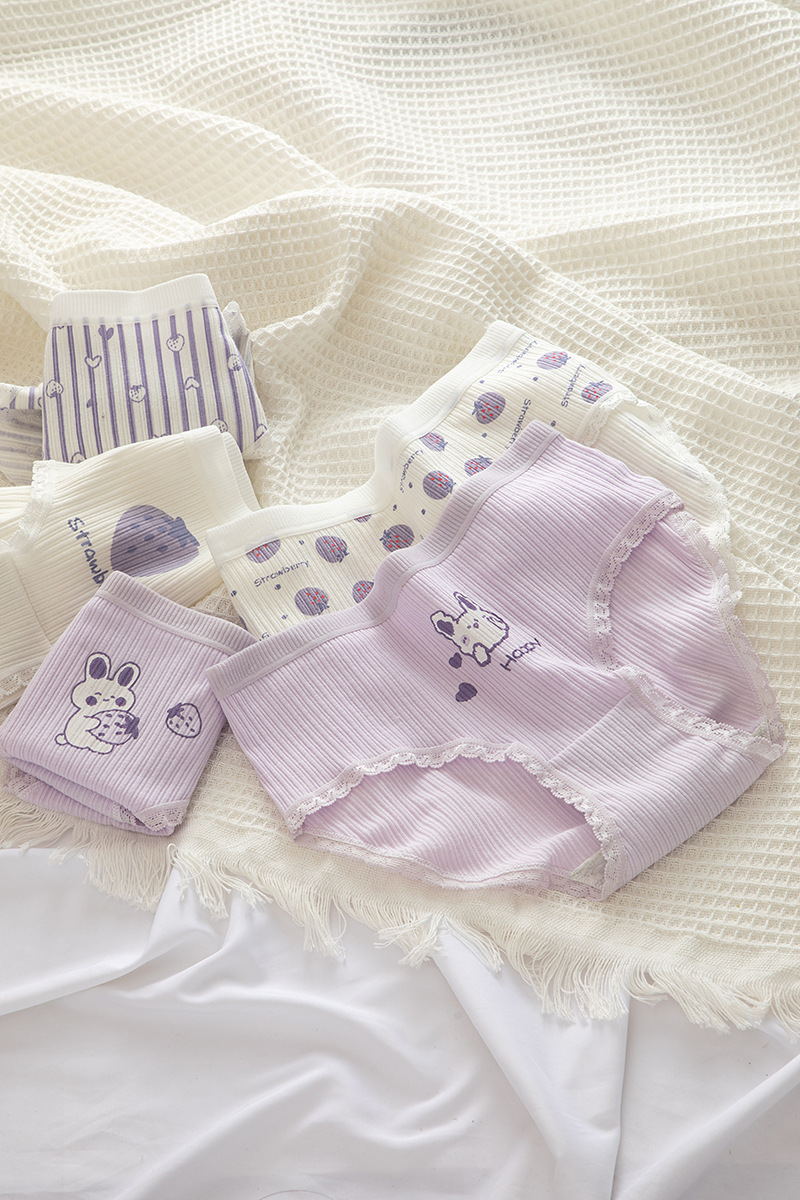 Tingweiya Japanese-style cute purple girl cartoon rabbit threaded cotton strawberry girl student mid-waist underwear for girls pic 50