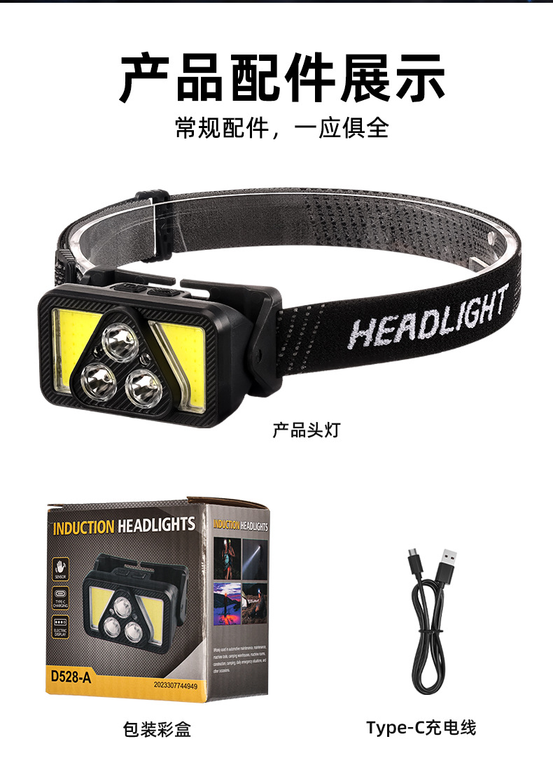 跨境热销智能感应强光头灯Type-C充电头戴式跑步灯双光源迷你头灯详情12