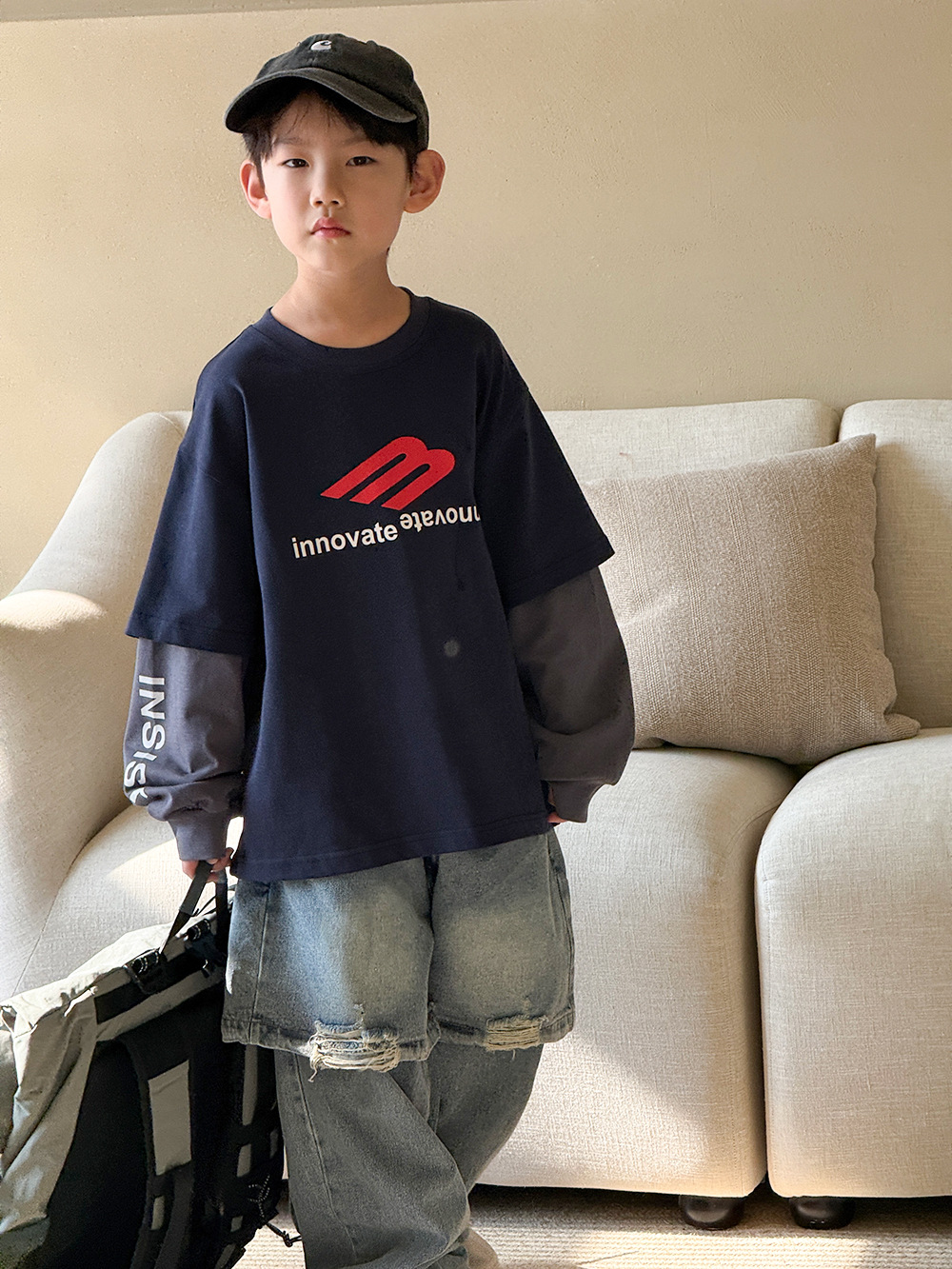 儿童童装2025春秋新款男童假两件上衣百搭韩版T恤洋气卫衣春装潮t详情8