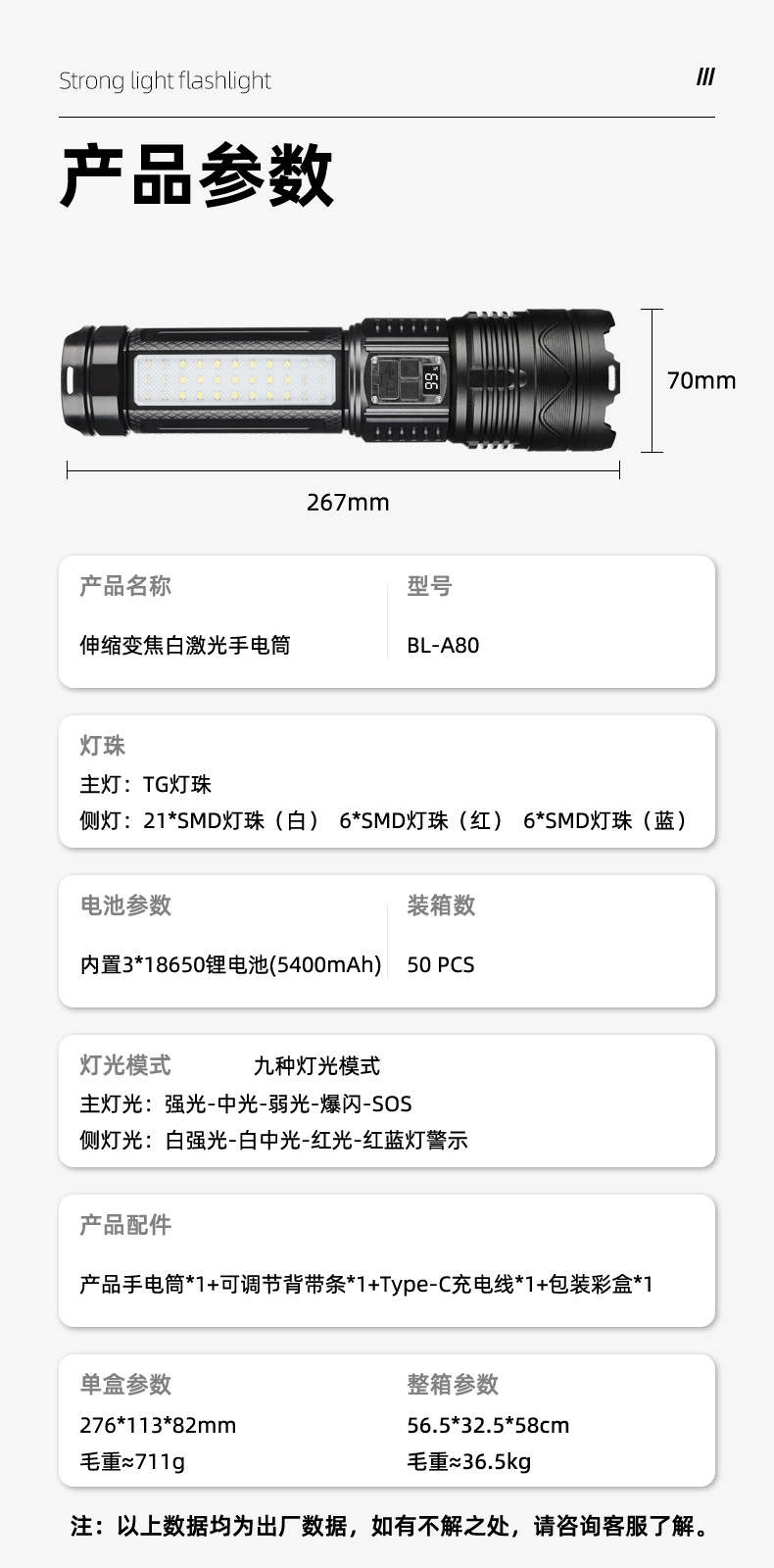 跨境led强光手电筒可充电远射便携家用小迷你便携COB侧灯铝合金详情3