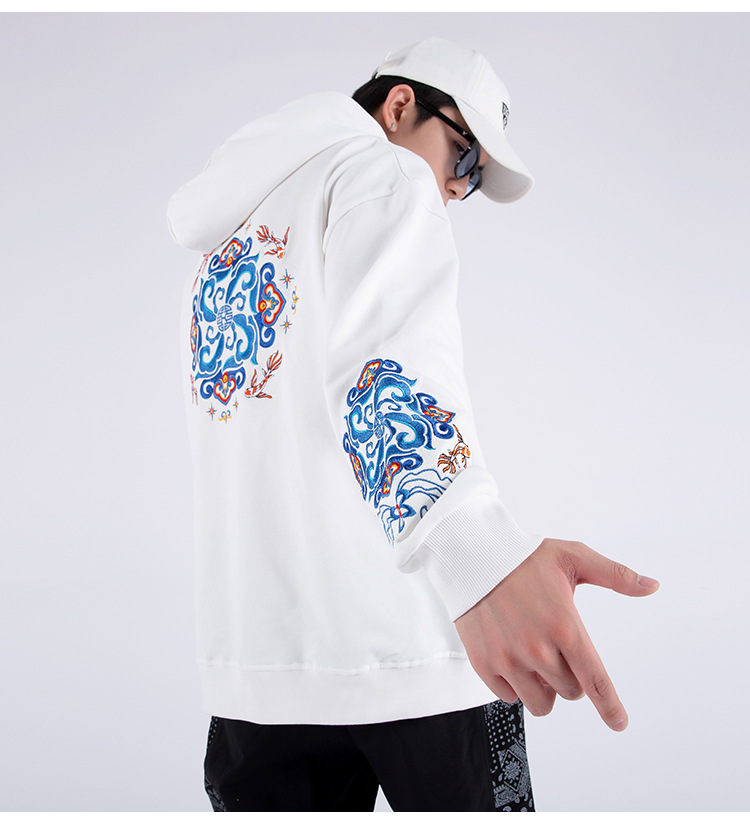 秋冬连帽卫衣男国潮刺绣套头衫情侣外套潮牌大码上衣详情7