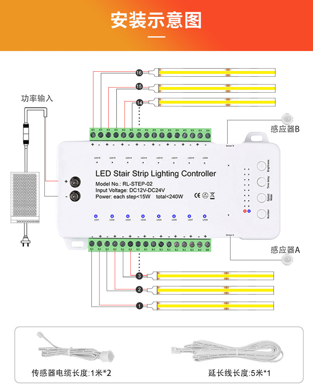 网红楼梯台阶人体感应智能控制器+16条0.5米灯带+电源套装控制器详情6