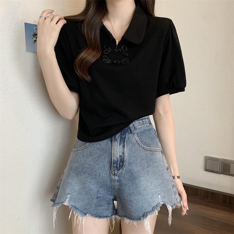 正肩Polo领短袖T恤女夏季大码胖mm显瘦新中式国风上衣泡泡袖小衫详情13