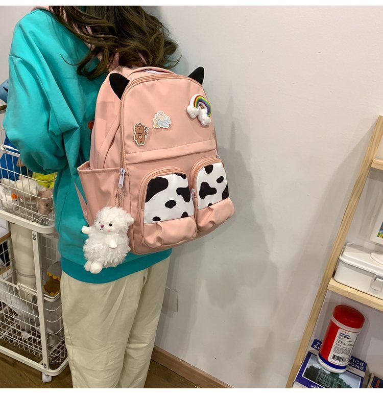 Japanese-style ins campus school style, fresh and cute, cute cow with earbuds, soft girl schoolbag, funny student backpack pic 15