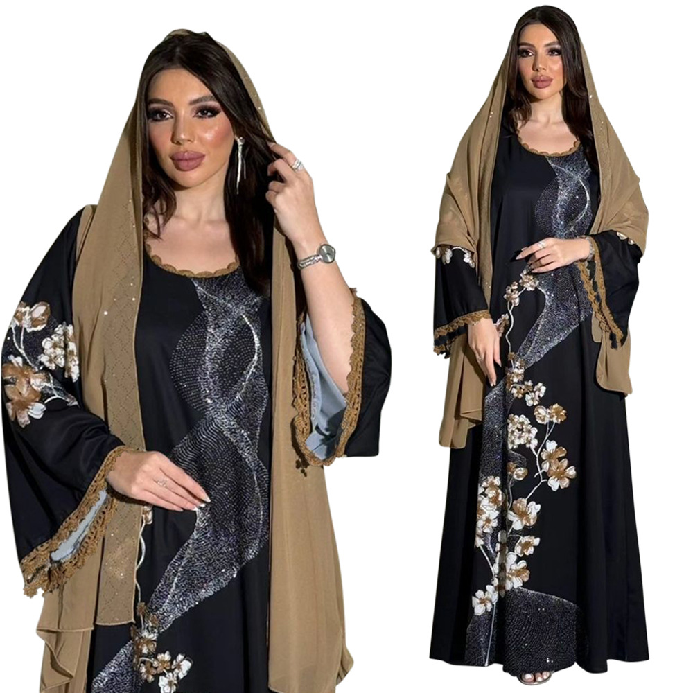 XQY500263 Cross-border Middle East Muslim Robe Dubai Arab printed Robe Dress with belt pic 5