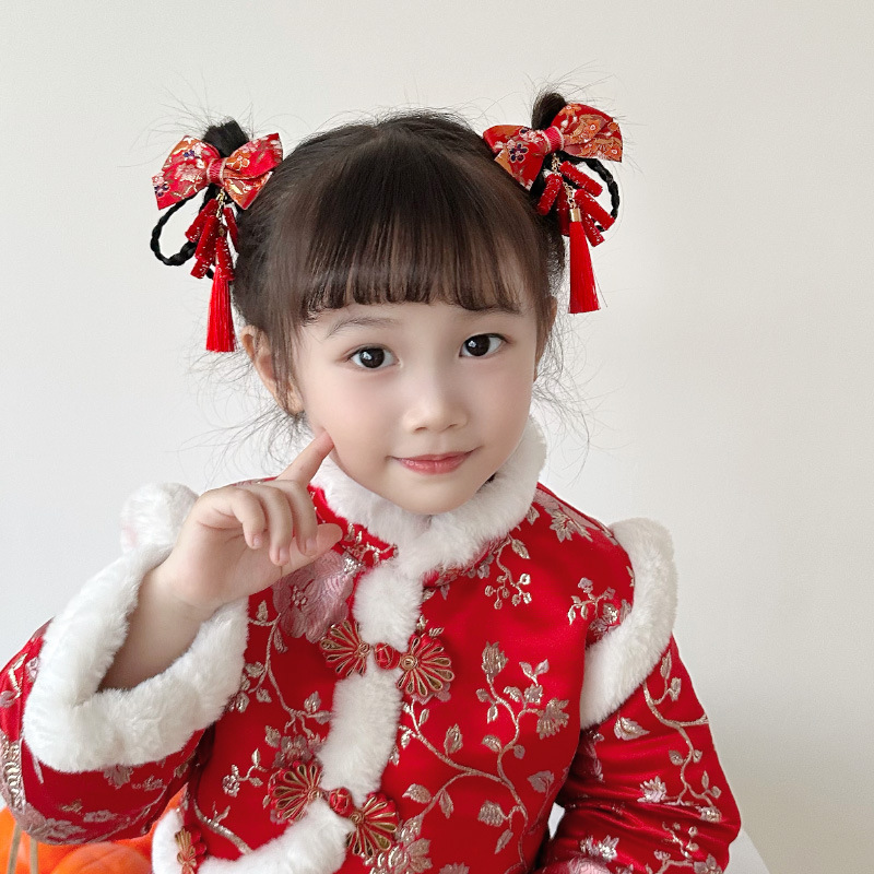 新年款红色古风流苏发夹儿童汉服发卡头饰女童复古蝴蝶结发夹发饰详情30