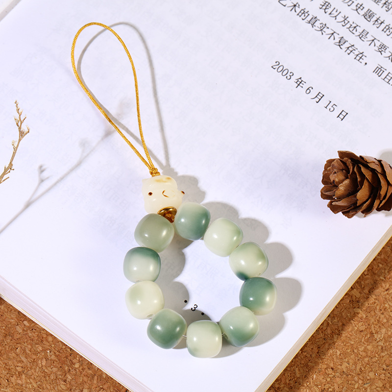 White jade Bodhi root multi-treasure prayer beads mobile phone chain, retro olive ring pendant, anti-loss creative car bag pendant pic 10
